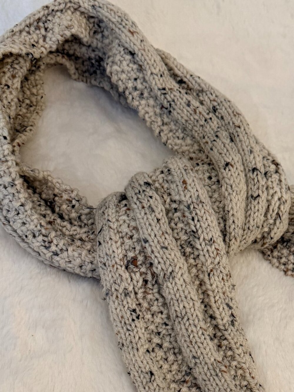 Gorgeous Handknit Oatmeal Tweed Ribbed Winter Scarf - Unisex One Size